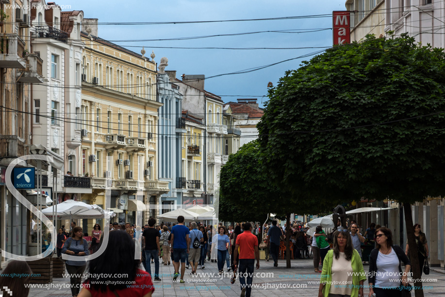 PLOVDIV, BULGARIA - MAY 25, 2018:  Walking people at central street in city of Plovdiv, Bulgaria