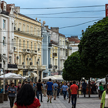 PLOVDIV, BULGARIA - MAY 25, 2018:  Walking people at central street in city of Plovdiv, Bulgaria
