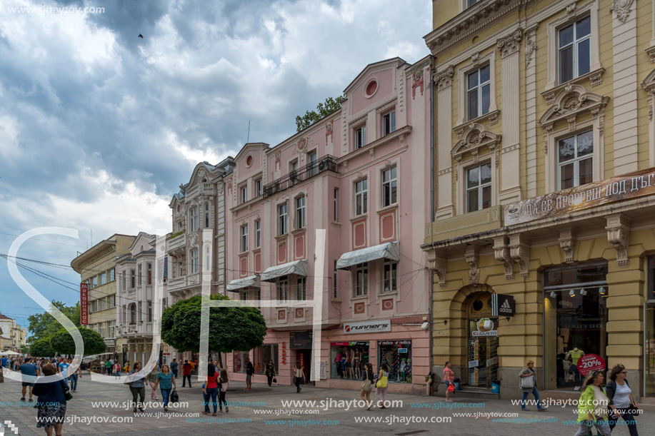 PLOVDIV, BULGARIA - MAY 25, 2018:  Walking people at central street in city of Plovdiv, Bulgaria