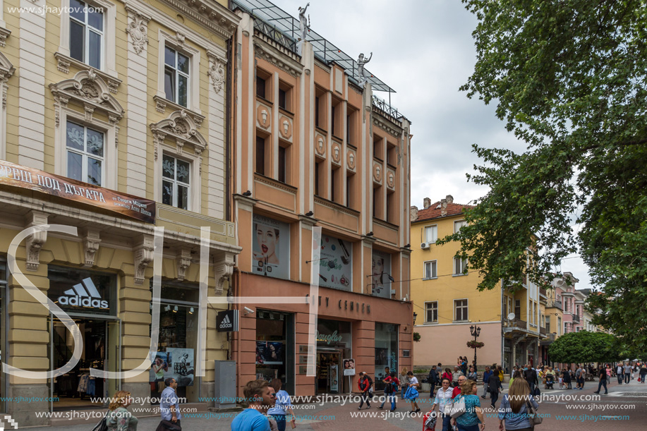 PLOVDIV, BULGARIA - MAY 25, 2018:  Walking people at central street in city of Plovdiv, Bulgaria