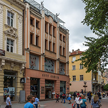 PLOVDIV, BULGARIA - MAY 25, 2018:  Walking people at central street in city of Plovdiv, Bulgaria