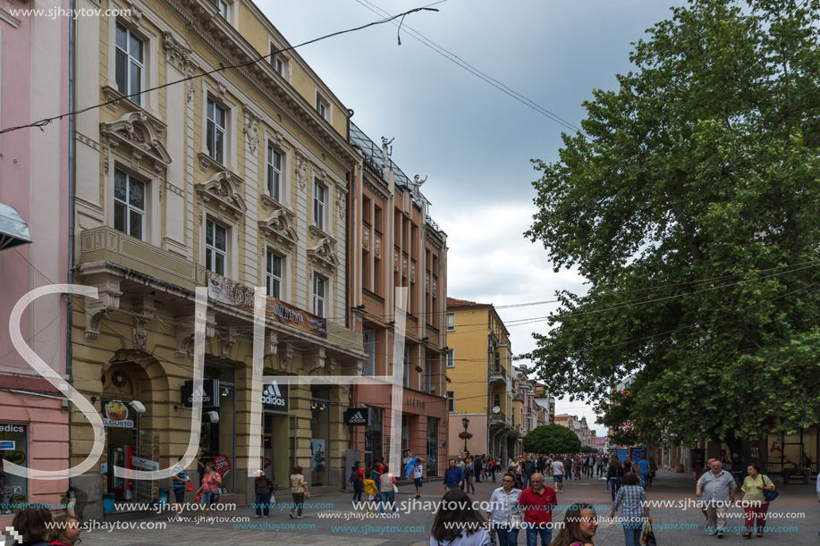 PLOVDIV, BULGARIA - MAY 25, 2018:  Walking people at central street in city of Plovdiv, Bulgaria