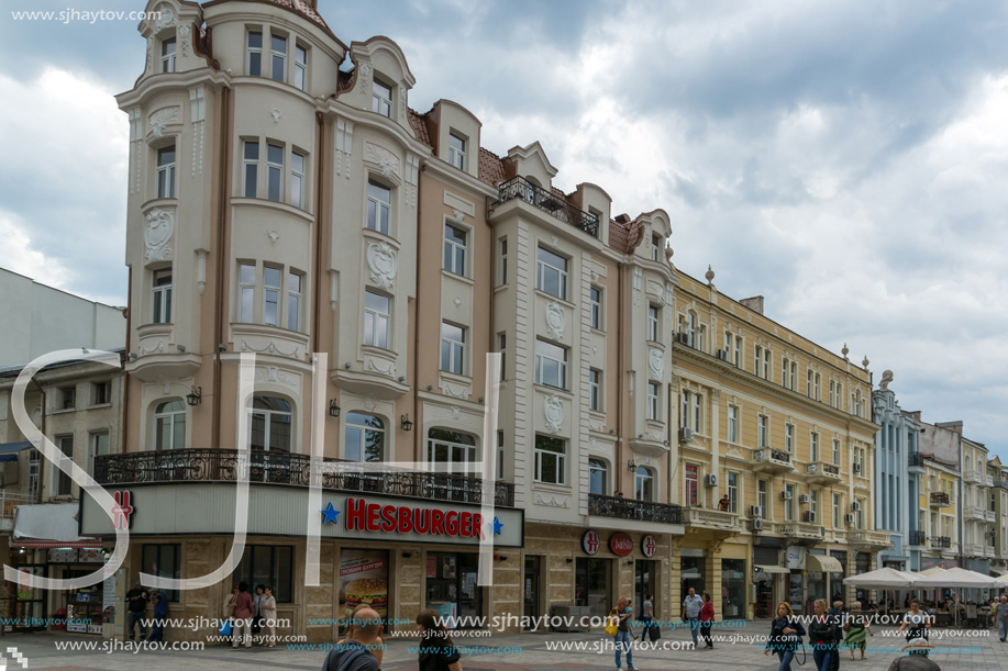 PLOVDIV, BULGARIA - MAY 25, 2018:  Walking people at central street in city of Plovdiv, Bulgaria