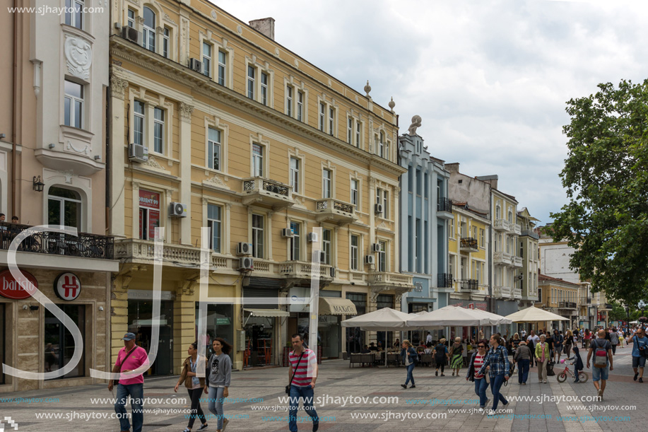 PLOVDIV, BULGARIA - MAY 25, 2018:  Walking people at central street in city of Plovdiv, Bulgaria