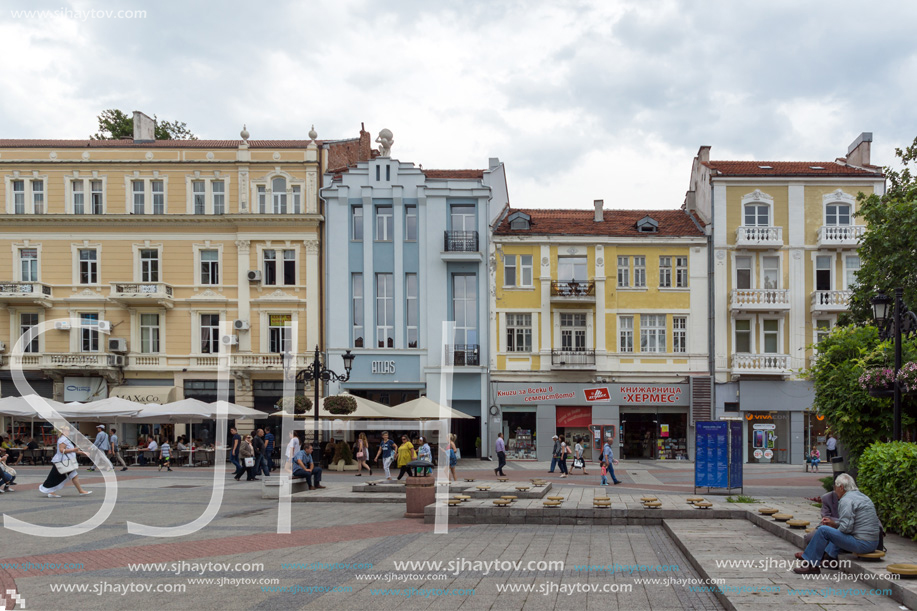 PLOVDIV, BULGARIA - MAY 25, 2018:  Walking people at central street in city of Plovdiv, Bulgaria