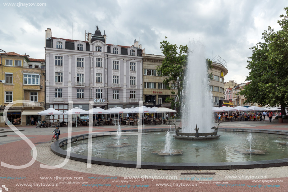 PLOVDIV, BULGARIA - MAY 25, 2018:  Walking people at central street in city of Plovdiv, Bulgaria