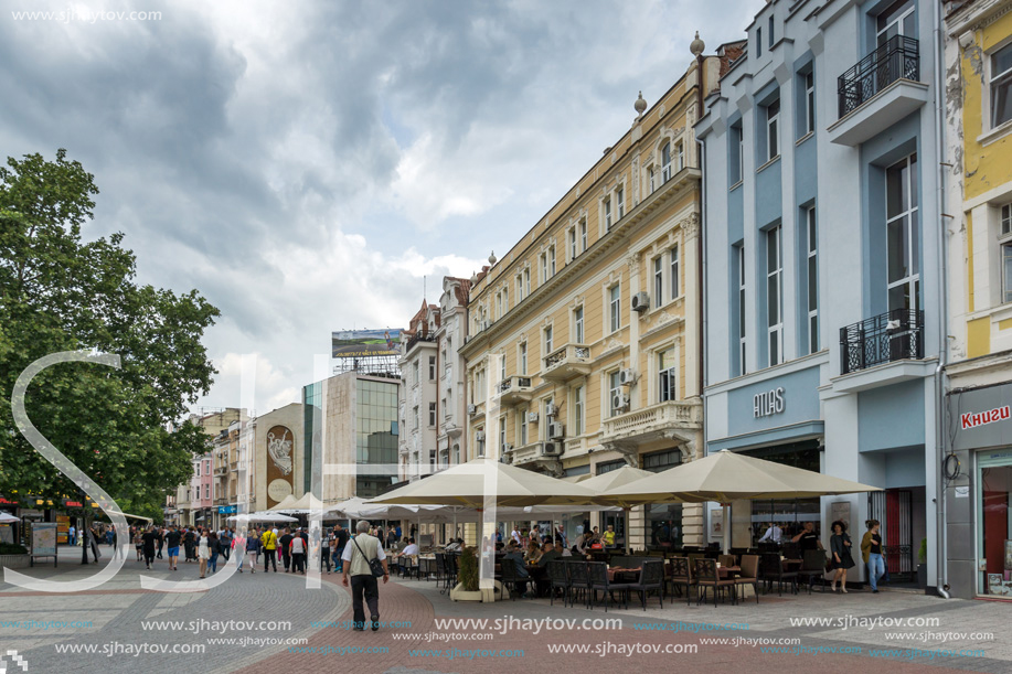 PLOVDIV, BULGARIA - MAY 25, 2018:  Walking people at central street in city of Plovdiv, Bulgaria
