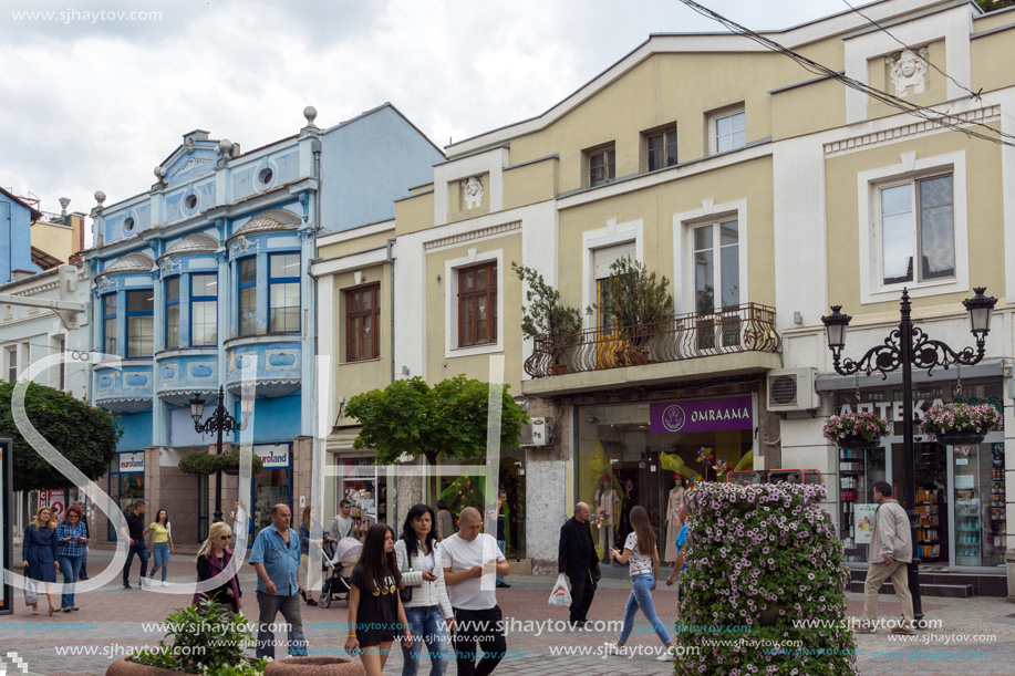 PLOVDIV, BULGARIA - MAY 25, 2018:  Walking people at central street in city of Plovdiv, Bulgaria