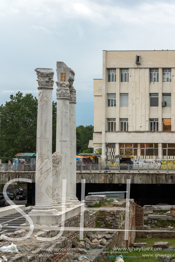 PLOVDIV, BULGARIA - MAY 25, 2018:  Panorama of Ruins of Roman Odeon in city of Plovdiv, Bulgaria