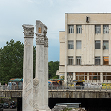 PLOVDIV, BULGARIA - MAY 25, 2018:  Panorama of Ruins of Roman Odeon in city of Plovdiv, Bulgaria