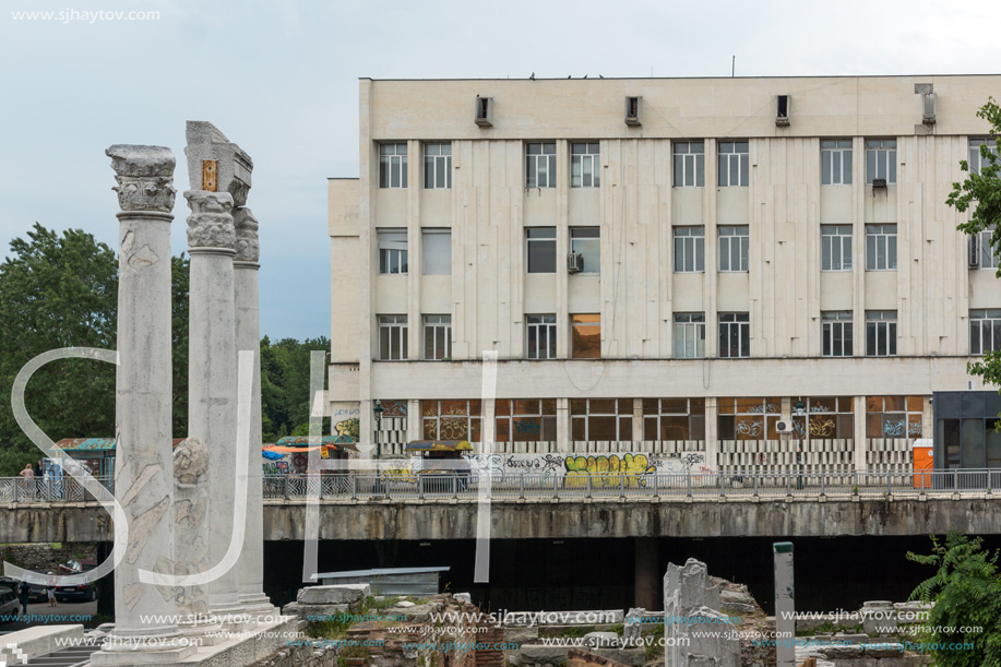 PLOVDIV, BULGARIA - MAY 25, 2018:  Panorama of Ruins of Roman Odeon in city of Plovdiv, Bulgaria