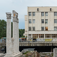 PLOVDIV, BULGARIA - MAY 25, 2018:  Panorama of Ruins of Roman Odeon in city of Plovdiv, Bulgaria