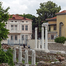 PLOVDIV, BULGARIA - MAY 25, 2018:  Panorama of Ruins of Roman Odeon in city of Plovdiv, Bulgaria