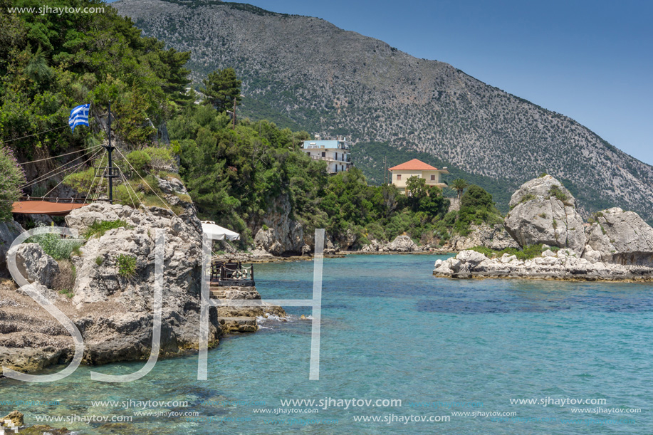 LEFKES, KEFALONIA, GREECE - MAY 26, 2015: Panoramic view of Lefkes town, Kefalonia, Ionian islands, Greece