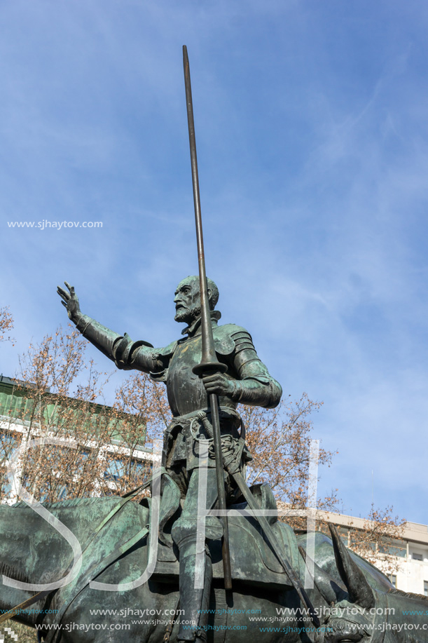 MADRID, SPAIN - JANUARY 23, 2018:   Monument to Cervantes and Don Quixote and Sancho Panza at Spain Square in City of Madrid, Spain