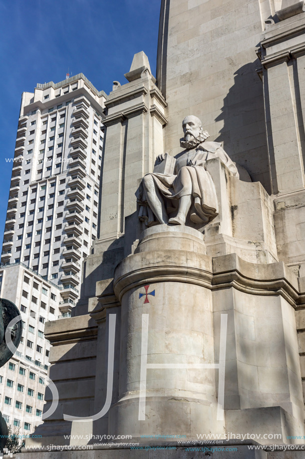 MADRID, SPAIN - JANUARY 23, 2018:   Monument to Cervantes and Don Quixote and Sancho Panza at Spain Square in City of Madrid, Spain