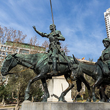 MADRID, SPAIN - JANUARY 23, 2018:   Monument to Cervantes and Don Quixote and Sancho Panza at Spain Square in City of Madrid, Spain