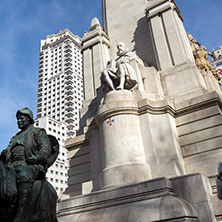 MADRID, SPAIN - JANUARY 23, 2018:   Monument to Cervantes and Don Quixote and Sancho Panza at Spain Square in City of Madrid, Spain