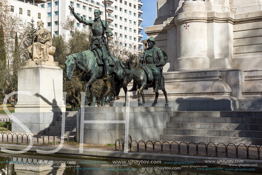 MADRID, SPAIN - JANUARY 23, 2018:   Monument to Cervantes and Don Quixote and Sancho Panza at Spain Square in City of Madrid, Spain