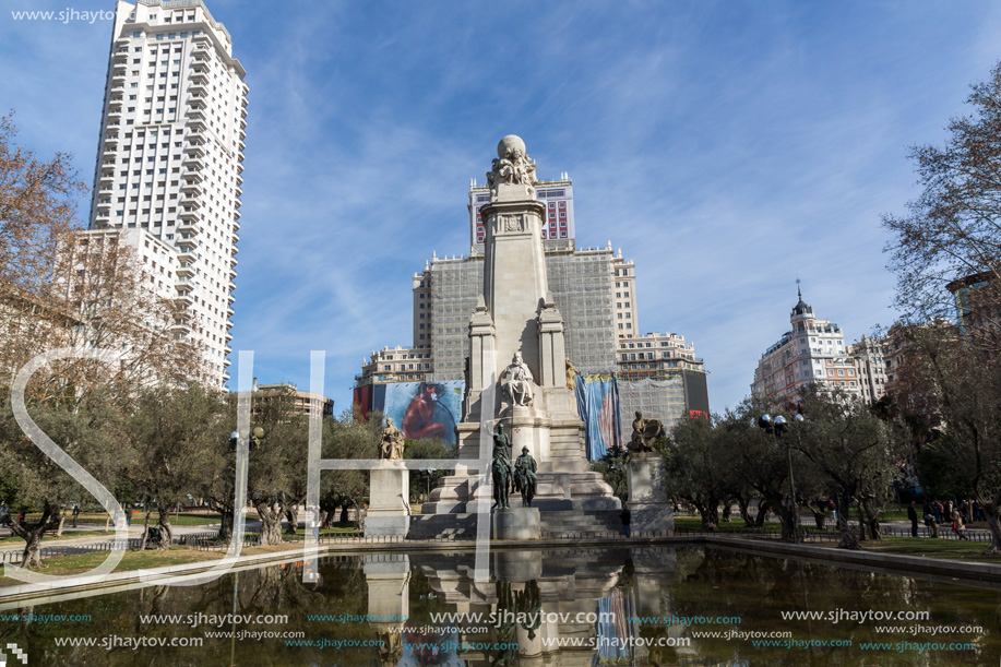MADRID, SPAIN - JANUARY 23, 2018:   Monument to Cervantes and Don Quixote and Sancho Panza at Spain Square in City of Madrid, Spain
