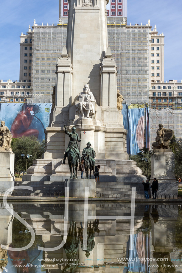 MADRID, SPAIN - JANUARY 23, 2018:   Monument to Cervantes and Don Quixote and Sancho Panza at Spain Square in City of Madrid, Spain