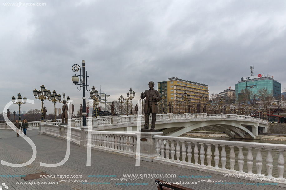 SKOPJE, REPUBLIC OF MACEDONIA - FEBRUARY 24, 2018:  Art Bridge and Vardar River  in city of  Skopje, Republic of Macedonia