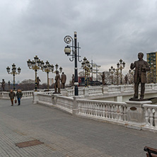 SKOPJE, REPUBLIC OF MACEDONIA - FEBRUARY 24, 2018:  Art Bridge and Vardar River  in city of  Skopje, Republic of Macedonia