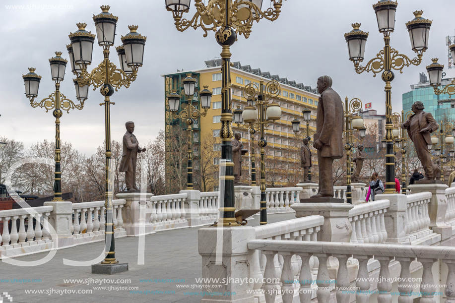 SKOPJE, REPUBLIC OF MACEDONIA - FEBRUARY 24, 2018:  Art Bridge and Vardar River  in city of  Skopje, Republic of Macedonia