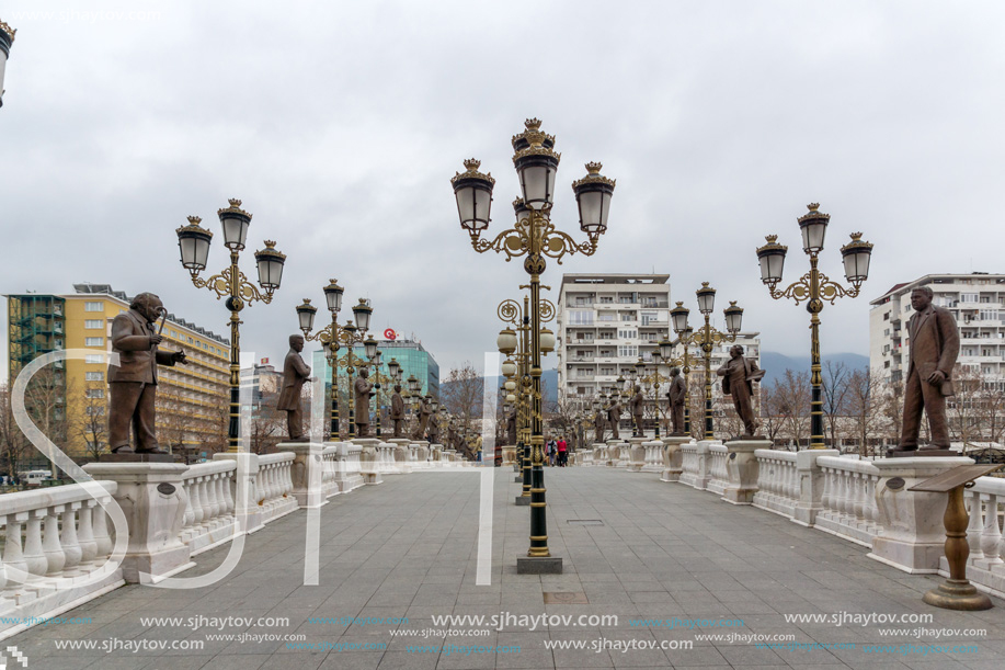 SKOPJE, REPUBLIC OF MACEDONIA - FEBRUARY 24, 2018:  Art Bridge and Vardar River  in city of  Skopje, Republic of Macedonia