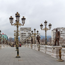 SKOPJE, REPUBLIC OF MACEDONIA - FEBRUARY 24, 2018:  Art Bridge and Vardar River  in city of  Skopje, Republic of Macedonia