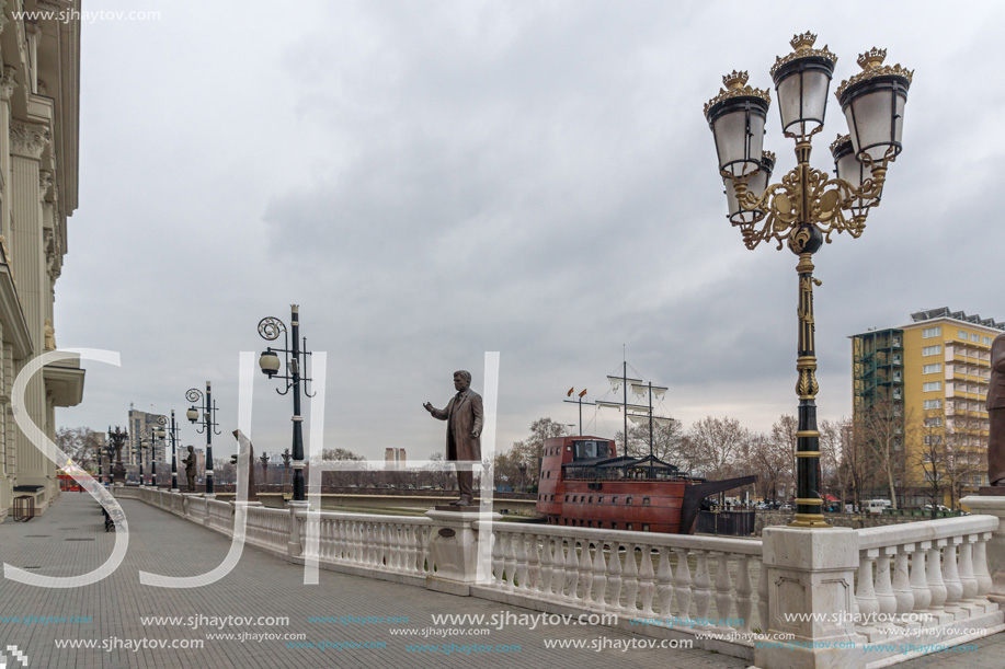 SKOPJE, REPUBLIC OF MACEDONIA - FEBRUARY 24, 2018:  Art Bridge and Vardar River  in city of  Skopje, Republic of Macedonia