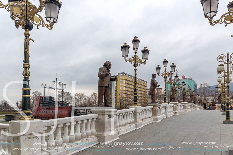 SKOPJE, REPUBLIC OF MACEDONIA - FEBRUARY 24, 2018:  Art Bridge and Vardar River  in city of  Skopje, Republic of Macedonia