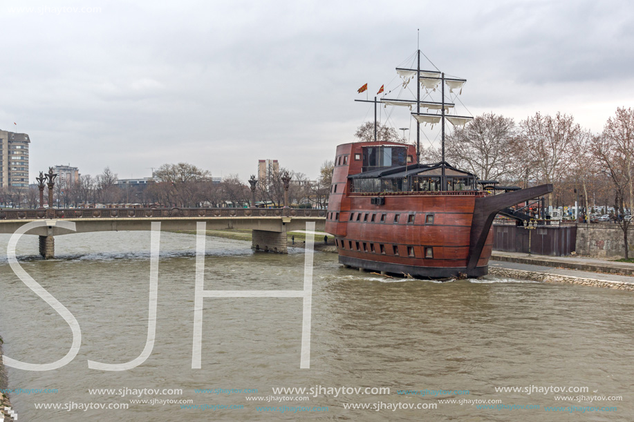 SKOPJE, REPUBLIC OF MACEDONIA - FEBRUARY 24, 2018: River Vardar passing through City of Skopje center, Republic of Macedonia