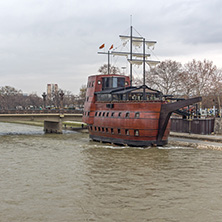 SKOPJE, REPUBLIC OF MACEDONIA - FEBRUARY 24, 2018: River Vardar passing through City of Skopje center, Republic of Macedonia