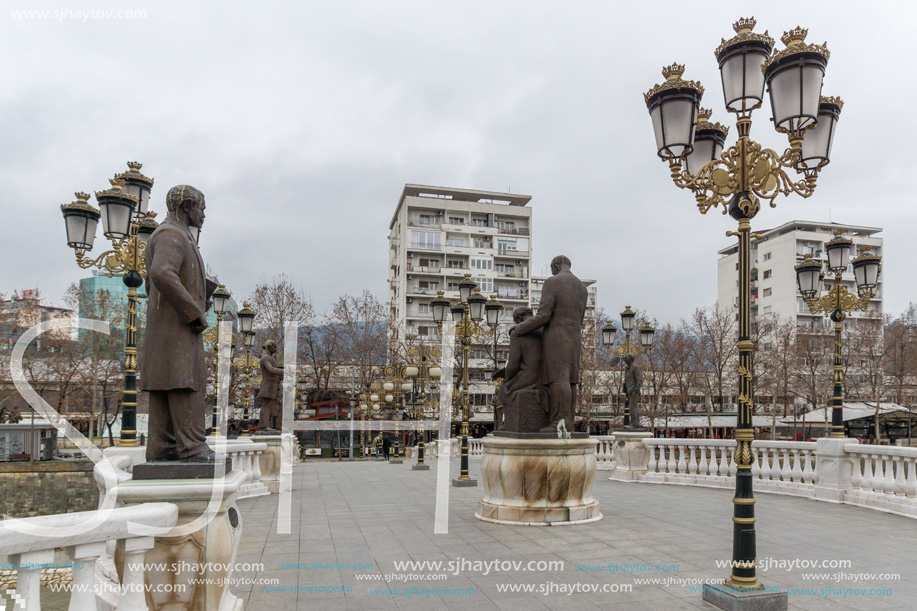 SKOPJE, REPUBLIC OF MACEDONIA - FEBRUARY 24, 2018:  Art Bridge and Vardar River  in city of  Skopje, Republic of Macedonia