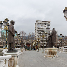 SKOPJE, REPUBLIC OF MACEDONIA - FEBRUARY 24, 2018:  Art Bridge and Vardar River  in city of  Skopje, Republic of Macedonia