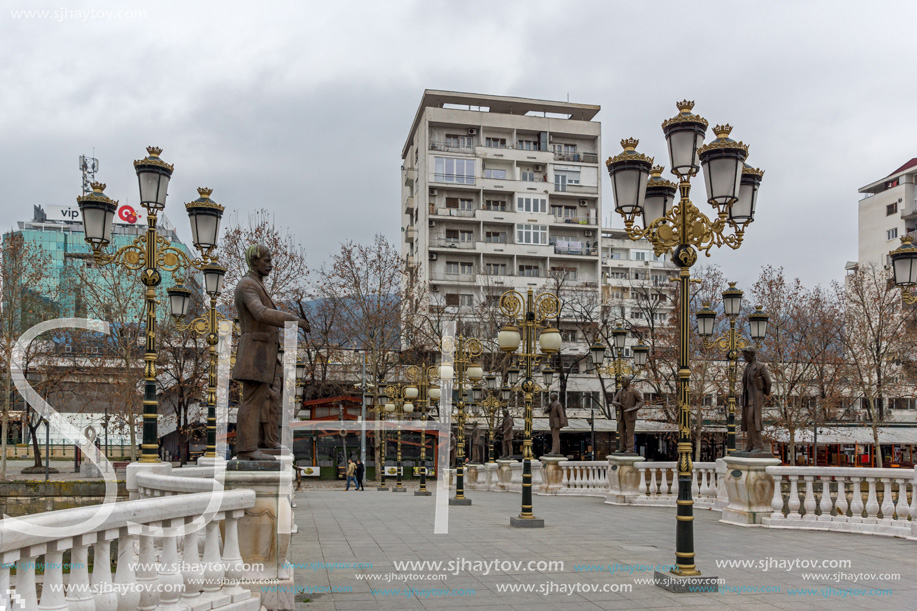 SKOPJE, REPUBLIC OF MACEDONIA - FEBRUARY 24, 2018:  Art Bridge and Vardar River  in city of  Skopje, Republic of Macedonia