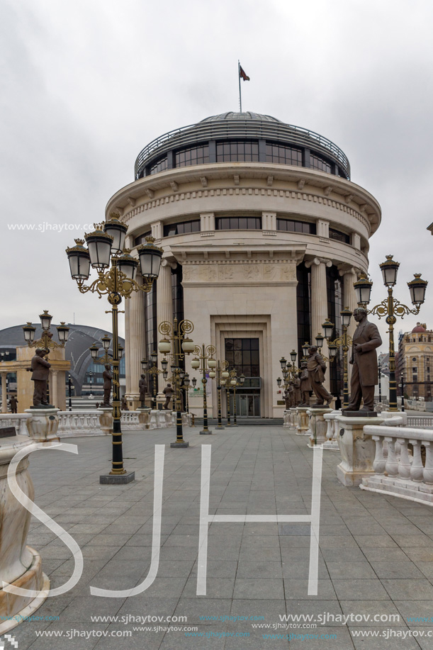 SKOPJE, REPUBLIC OF MACEDONIA - FEBRUARY 24, 2018:  Art Bridge and Vardar River  in city of  Skopje, Republic of Macedonia