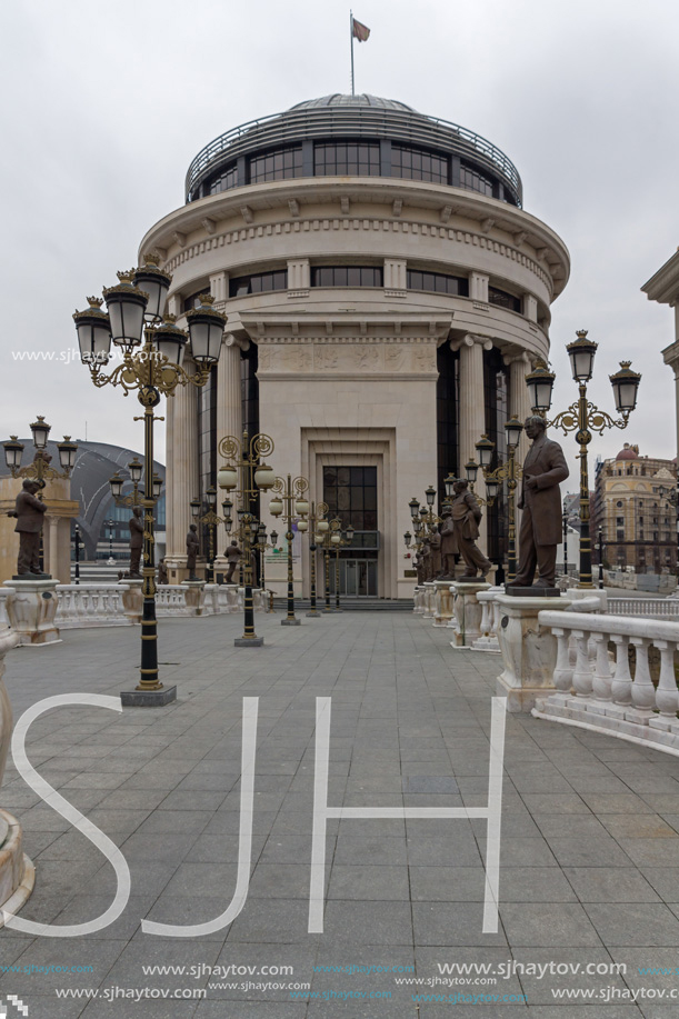 SKOPJE, REPUBLIC OF MACEDONIA - FEBRUARY 24, 2018:  Art Bridge and Vardar River  in city of  Skopje, Republic of Macedonia