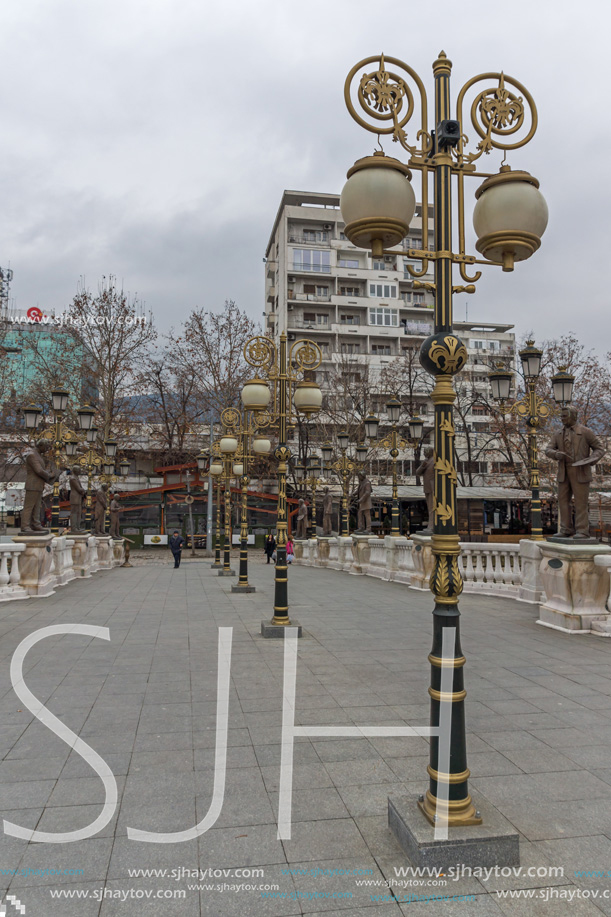 SKOPJE, REPUBLIC OF MACEDONIA - FEBRUARY 24, 2018:  Art Bridge and Vardar River  in city of  Skopje, Republic of Macedonia