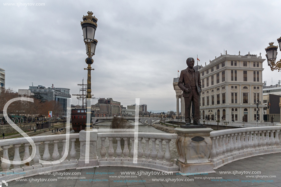 SKOPJE, REPUBLIC OF MACEDONIA - FEBRUARY 24, 2018:  Art Bridge and Vardar River  in city of  Skopje, Republic of Macedonia