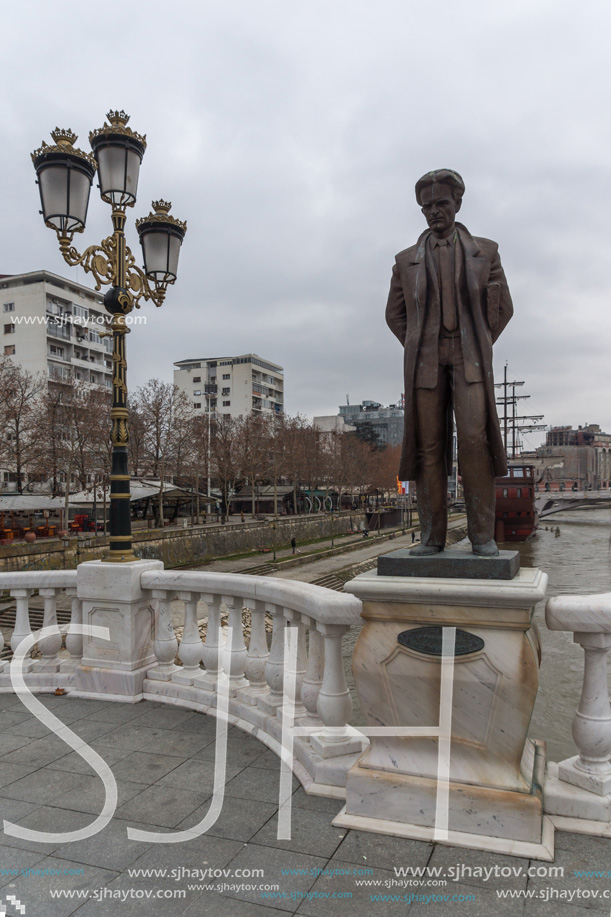 SKOPJE, REPUBLIC OF MACEDONIA - FEBRUARY 24, 2018:  Art Bridge and Vardar River  in city of  Skopje, Republic of Macedonia