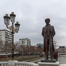 SKOPJE, REPUBLIC OF MACEDONIA - FEBRUARY 24, 2018:  Art Bridge and Vardar River  in city of  Skopje, Republic of Macedonia