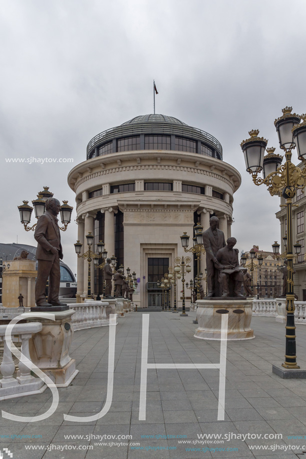 SKOPJE, REPUBLIC OF MACEDONIA - FEBRUARY 24, 2018:  Art Bridge and Vardar River  in city of  Skopje, Republic of Macedonia