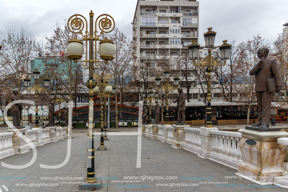 SKOPJE, REPUBLIC OF MACEDONIA - FEBRUARY 24, 2018:  Art Bridge and Vardar River  in city of  Skopje, Republic of Macedonia