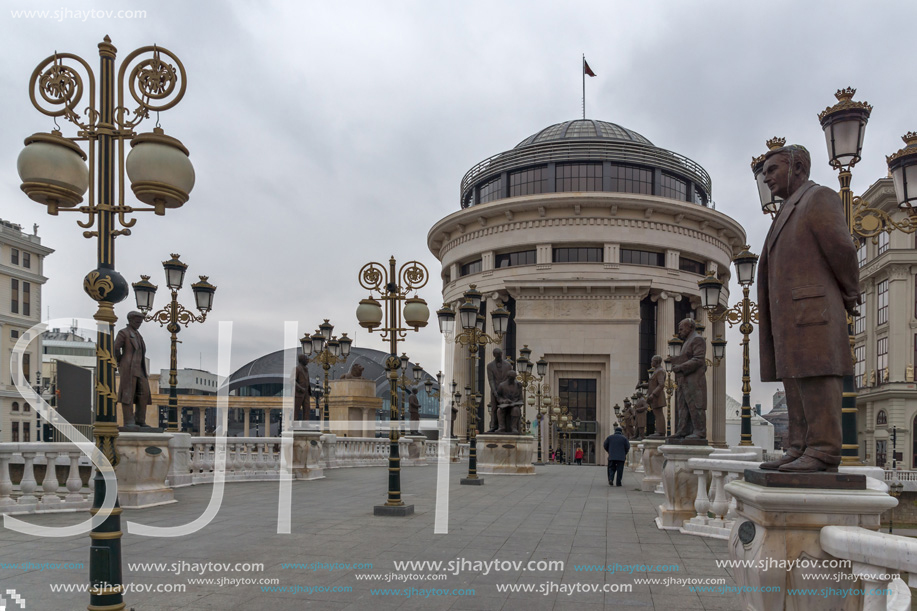 SKOPJE, REPUBLIC OF MACEDONIA - FEBRUARY 24, 2018:  Art Bridge and Vardar River  in city of  Skopje, Republic of Macedonia