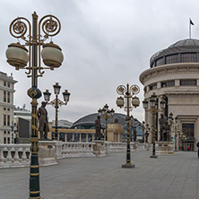 SKOPJE, REPUBLIC OF MACEDONIA - FEBRUARY 24, 2018:  Art Bridge and Vardar River  in city of  Skopje, Republic of Macedonia