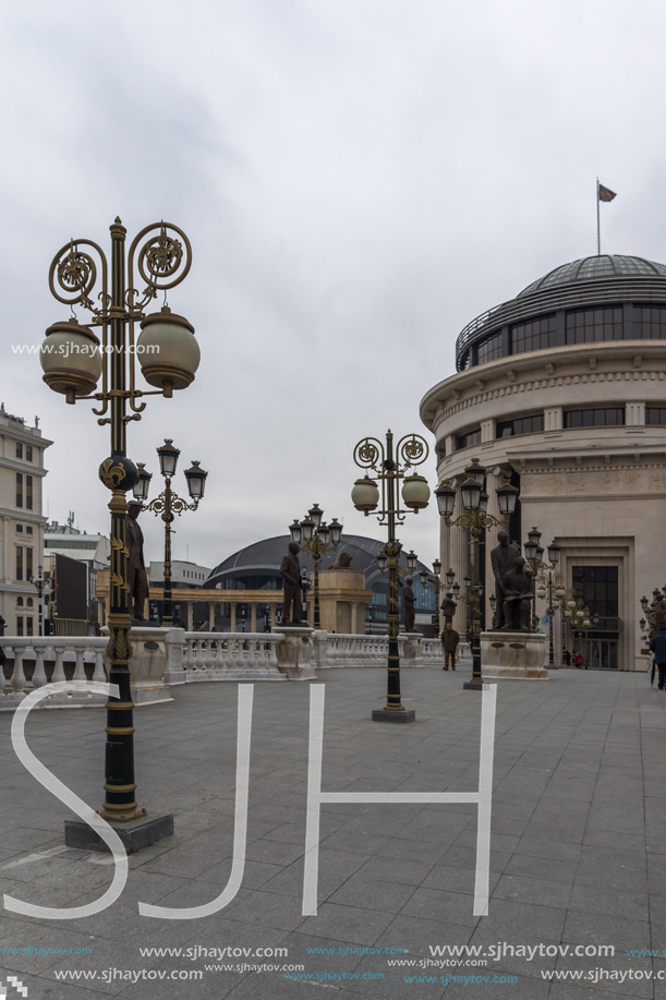 SKOPJE, REPUBLIC OF MACEDONIA - FEBRUARY 24, 2018:  Art Bridge and Vardar River  in city of  Skopje, Republic of Macedonia