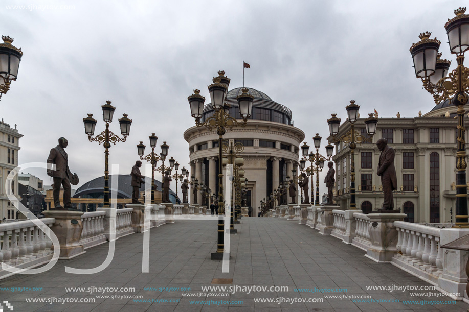 SKOPJE, REPUBLIC OF MACEDONIA - FEBRUARY 24, 2018:  Art Bridge and Vardar River  in city of  Skopje, Republic of Macedonia