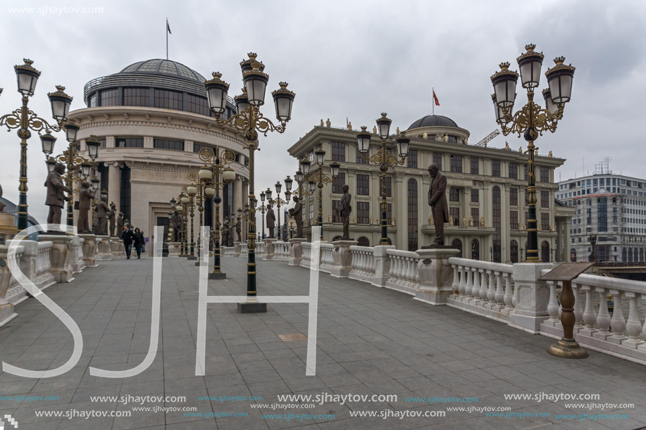 SKOPJE, REPUBLIC OF MACEDONIA - FEBRUARY 24, 2018:  Art Bridge and Vardar River  in city of  Skopje, Republic of Macedonia